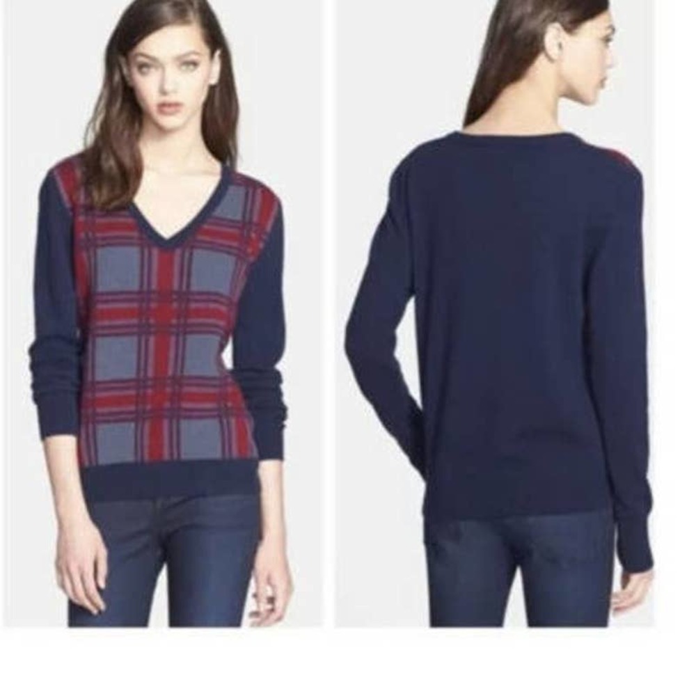 Equipment Femme Plaid Check V Neck Wool & Yak Pullover Sweater Size M